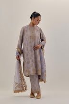 Lilac tissue chanderi straight short kurta set with all-over light gold dori embroidery.