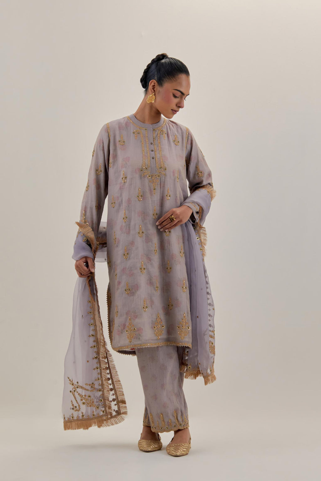 Lilac tissue chanderi straight short kurta set with all-over light gold dori embroidery.