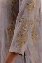 Lilac tissue chanderi straight kurta set with light gold dori embroidery, highlighted with multi color bead sequins work.