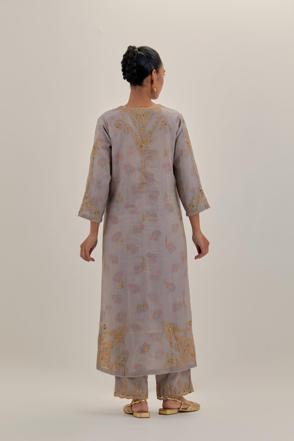 Lilac tissue chanderi straight kurta set, highlighted with light gold dori embroidery and hand block printed lining inside.