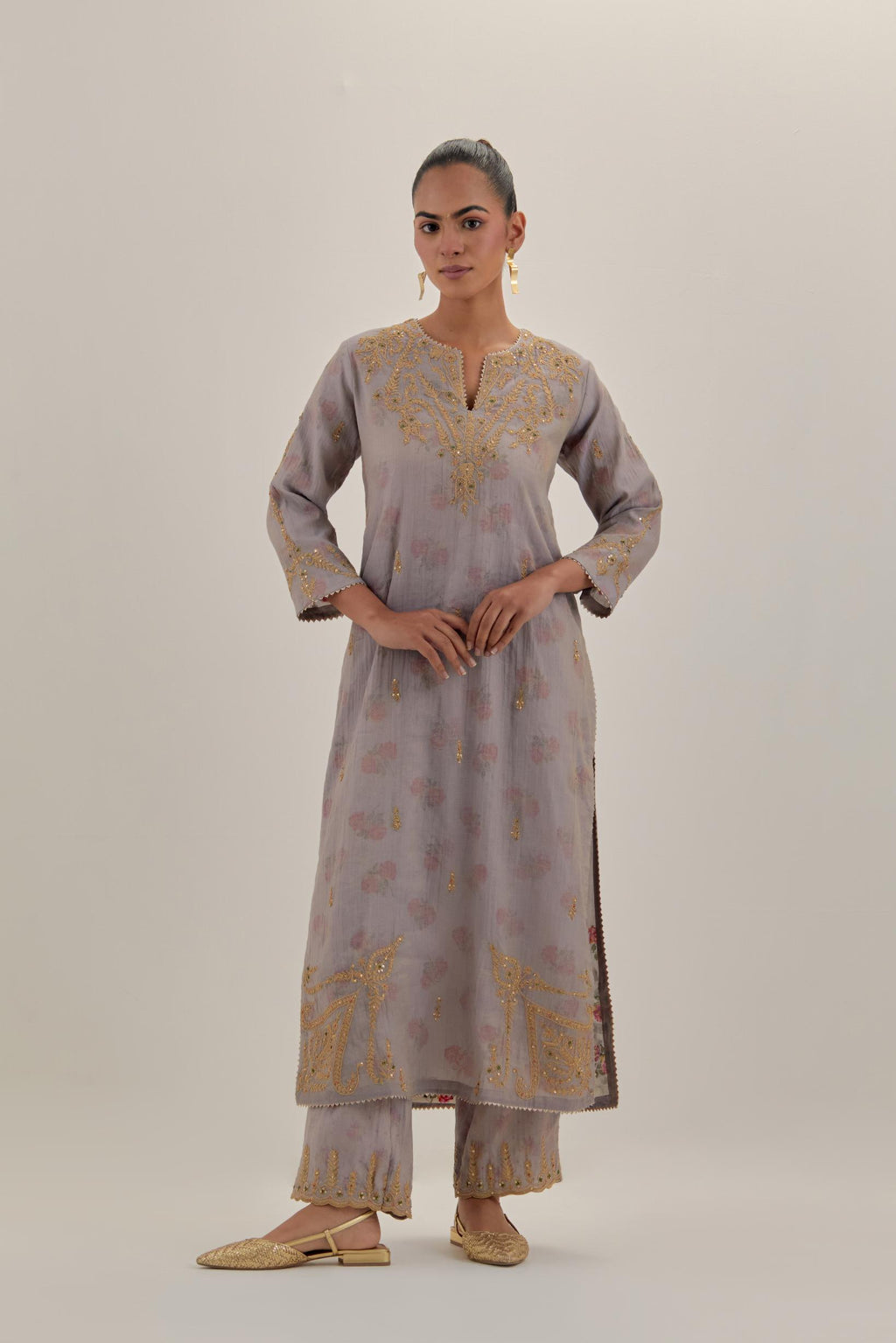 Lilac tissue chanderi straight kurta set, highlighted with light gold dori embroidery and hand block printed lining inside.