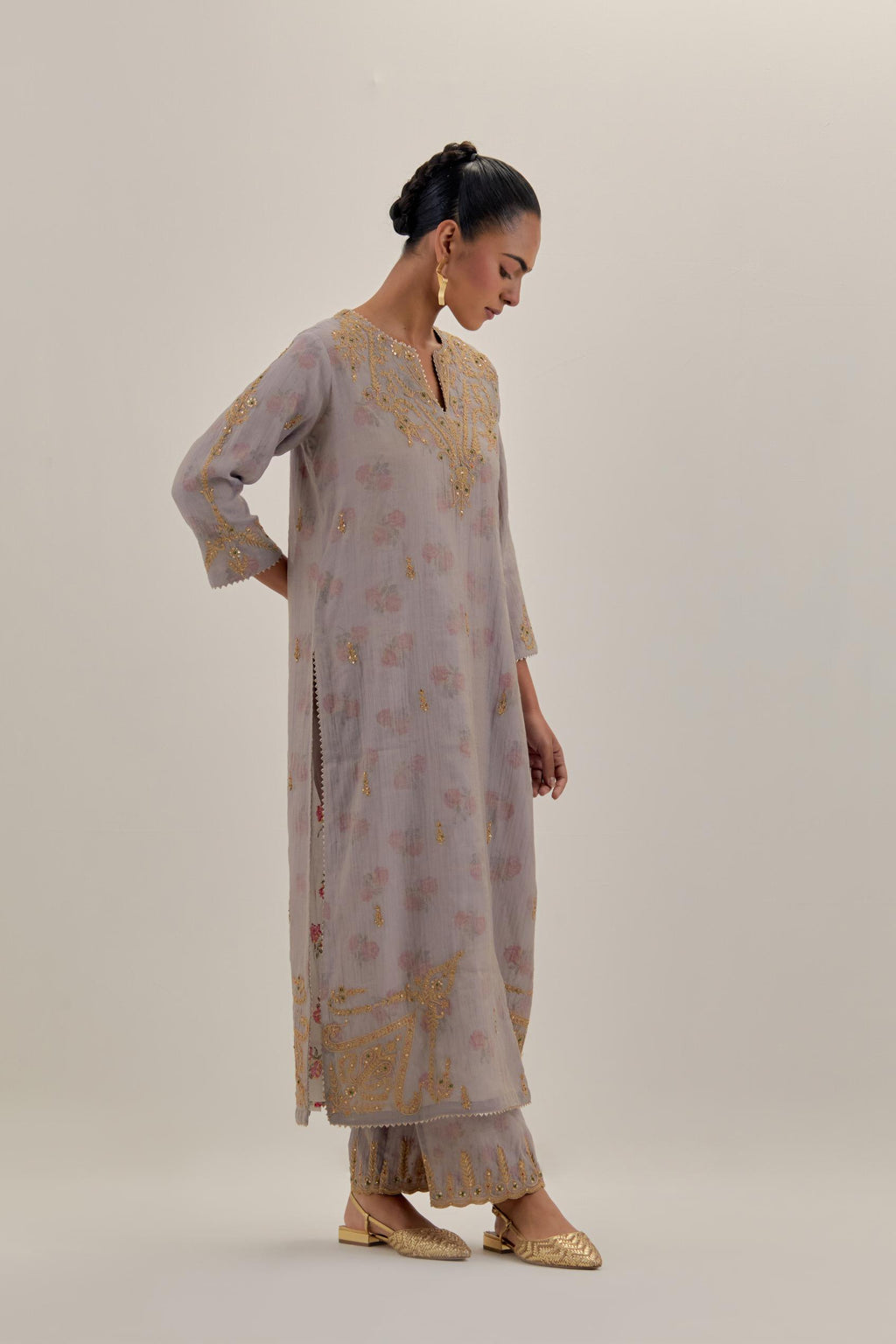 Lilac tissue chanderi straight kurta set, highlighted with light gold dori embroidery and hand block printed lining inside.