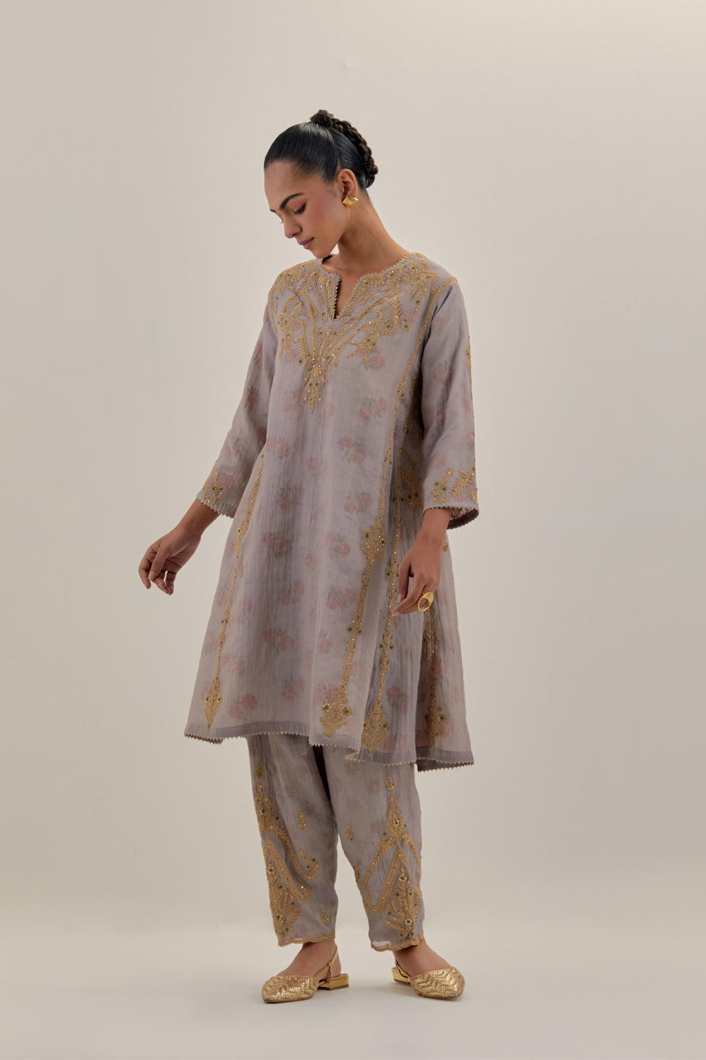 Lilac tissue chanderi easy fit short kalidar kurta set with light gold dori embroidery and hand block printed lining inside.