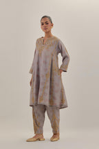Lilac tissue chanderi easy fit short kalidar kurta set with light gold dori embroidery and hand block printed lining inside.
