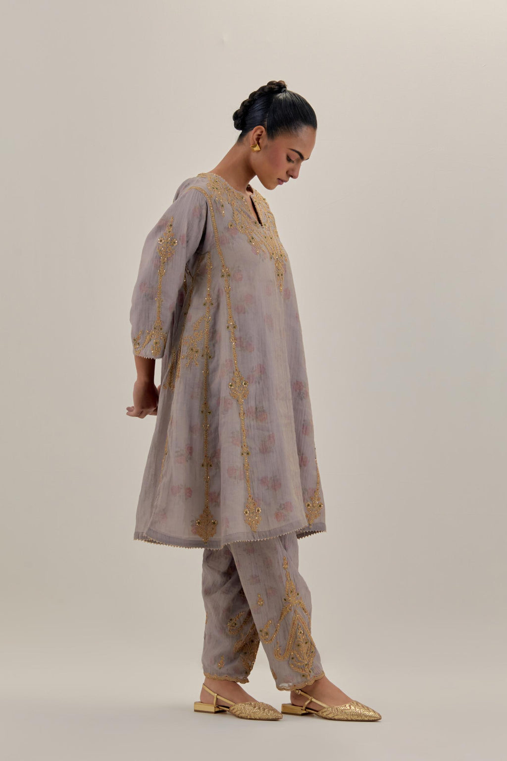 Lilac tissue chanderi easy fit short kalidar kurta set with light gold dori embroidery and hand block printed lining inside.