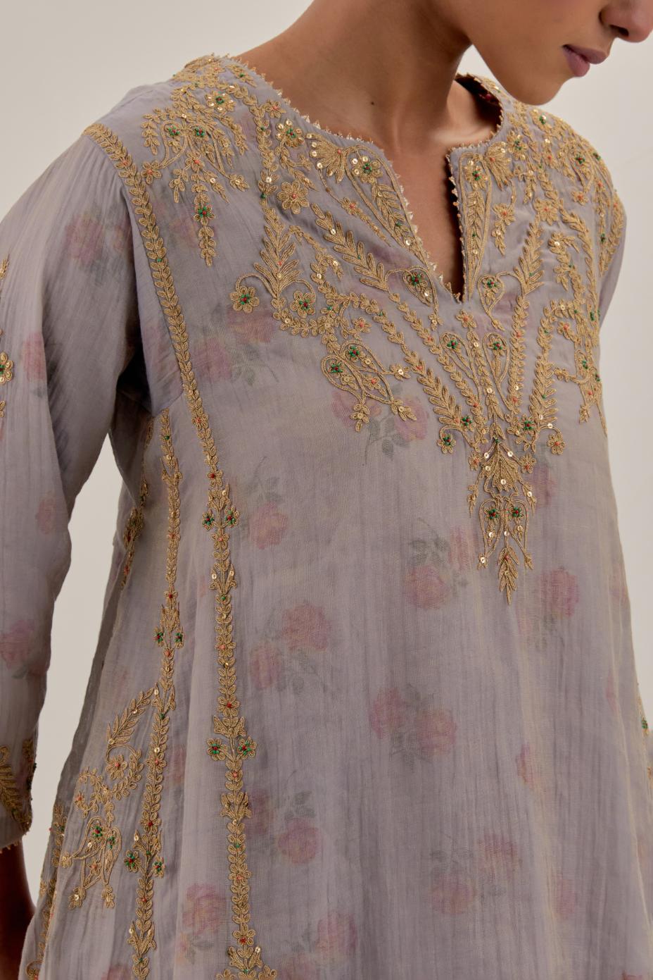 Lilac tissue chanderi easy fit short kalidar kurta set with light gold dori embroidery and hand block printed lining inside.