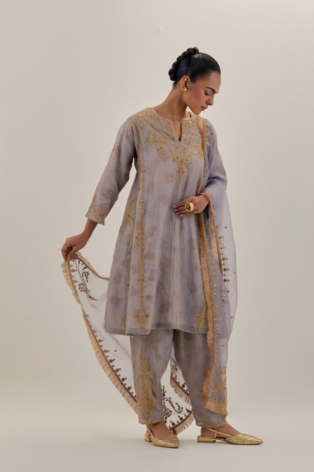 Lilac tissue chanderi easy fit short kalidar kurta set with light gold dori embroidery and hand block printed lining inside.