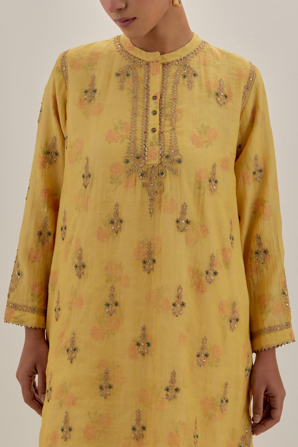 Yellow tissue chanderi straight short kurta set with all-over light gold dori embroidery.