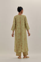Green tissue chanderi straight kurta set with light gold dori embroidery, highlighted with multi color bead sequins work.
