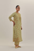 Green tissue chanderi straight kurta set with button placket neckline, highlighted with all-over light gold dori embroidery.