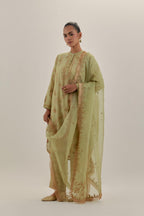 Green tissue chanderi straight short kurta set with all-over light gold dori embroidery.