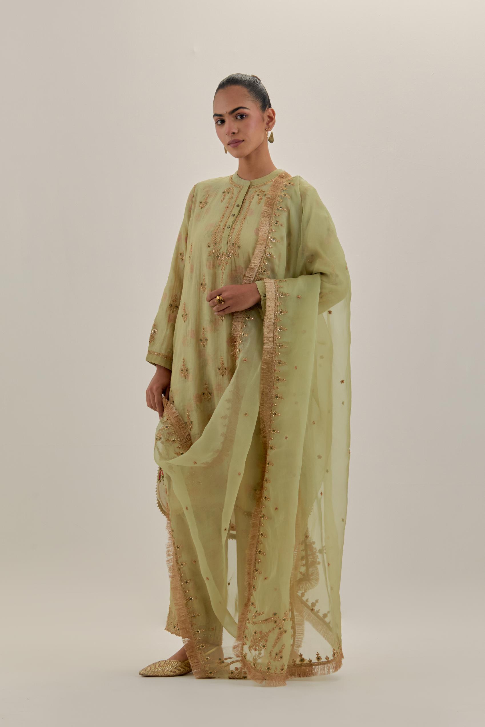 Green tissue chanderi straight short kurta set with all-over light gold dori embroidery.
