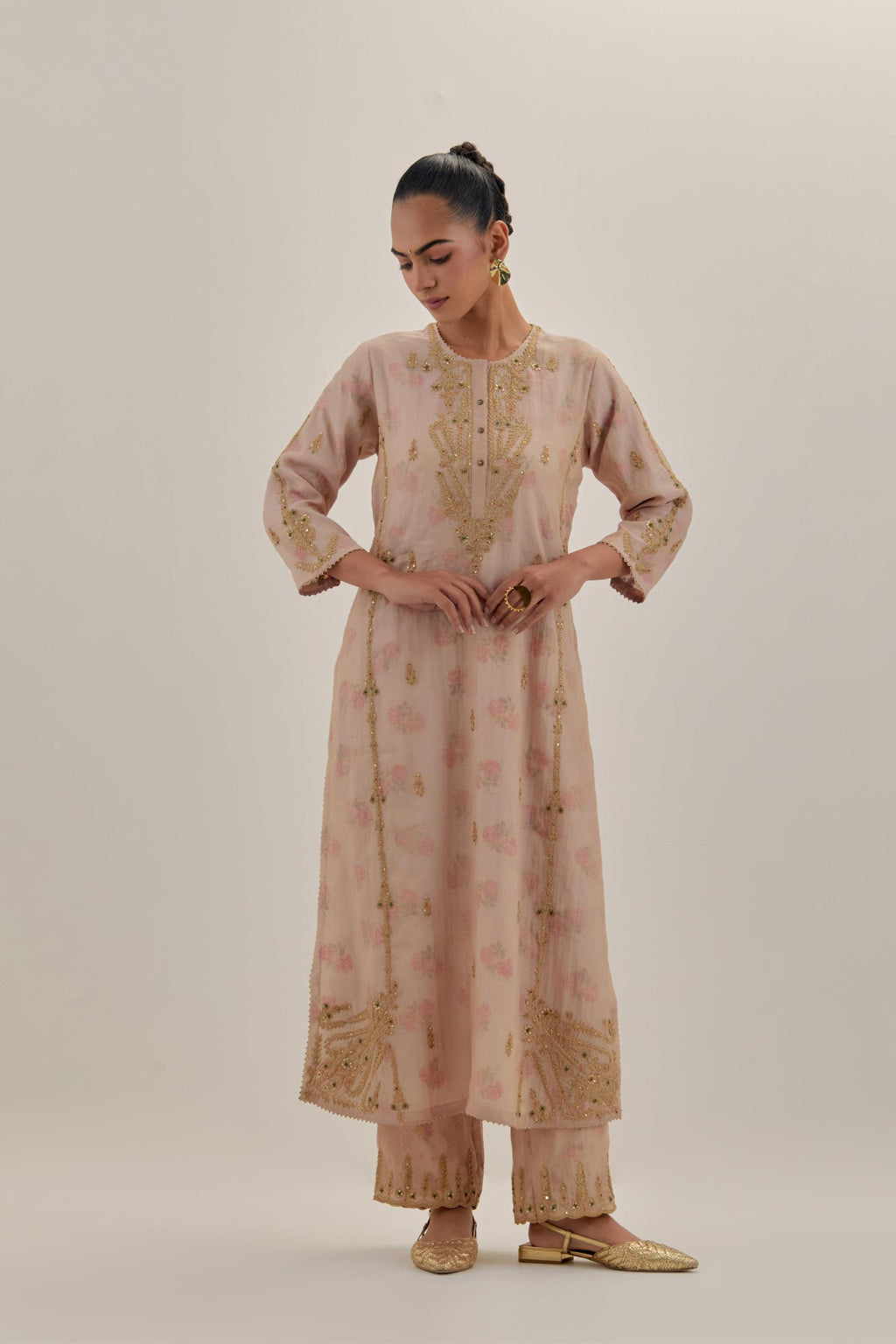 Pink tissue chanderi straight kurta set with button placket neckline, highlighted with all-over light gold dori embroidery.