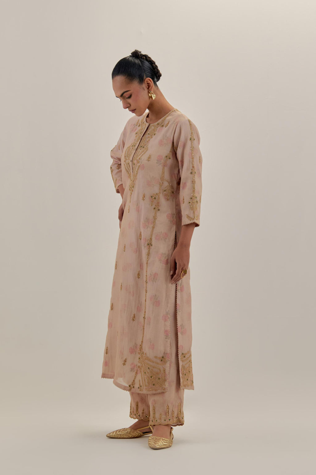 Pink tissue chanderi straight kurta set with button placket neckline, highlighted with all-over light gold dori embroidery.