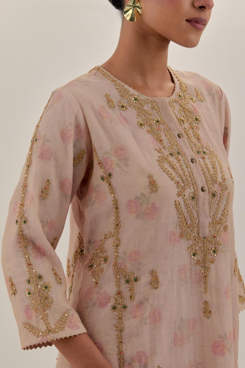 Pink tissue chanderi straight kurta set with button placket neckline, highlighted with all-over light gold dori embroidery.