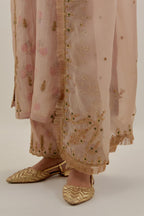 Pink tissue chanderi straight kurta set with light gold dori embroidery, highlighted with multi color bead sequins work.