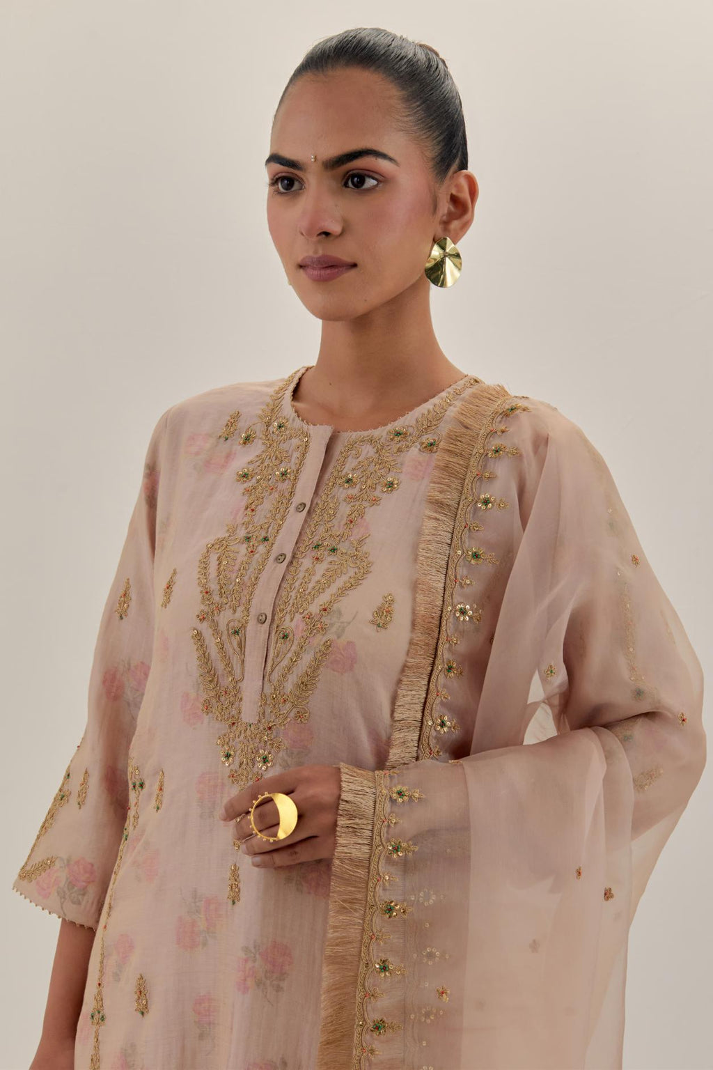 Pink tissue chanderi straight kurta set with button placket neckline, highlighted with all-over light gold dori embroidery.