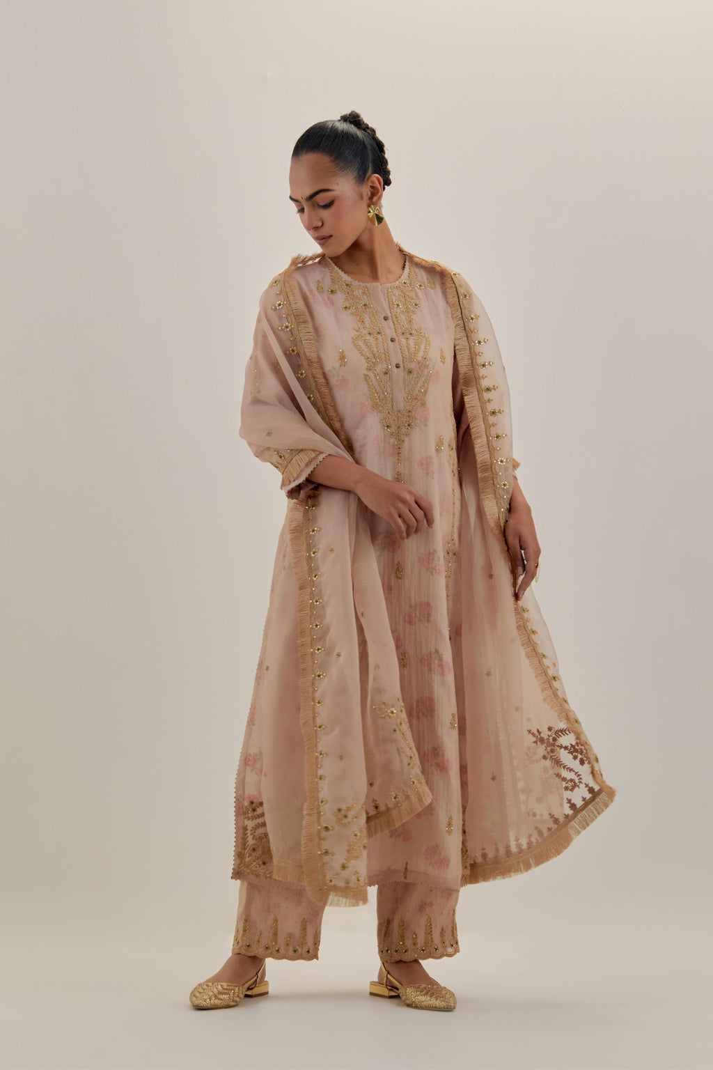 Pink tissue chanderi straight kurta set with button placket neckline, highlighted with all-over light gold dori embroidery.