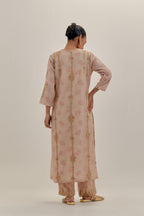Pink tissue chanderi straight kurta set with light gold dori embroidery, highlighted with multi color bead sequins work.