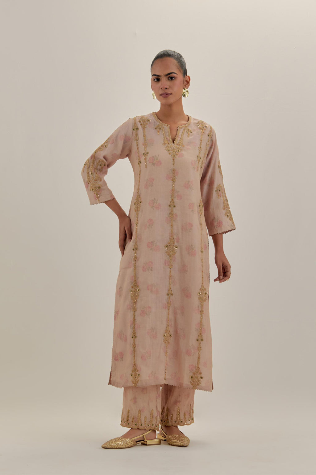 Pink tissue chanderi straight kurta set with light gold dori embroidery, highlighted with multi color bead sequins work.