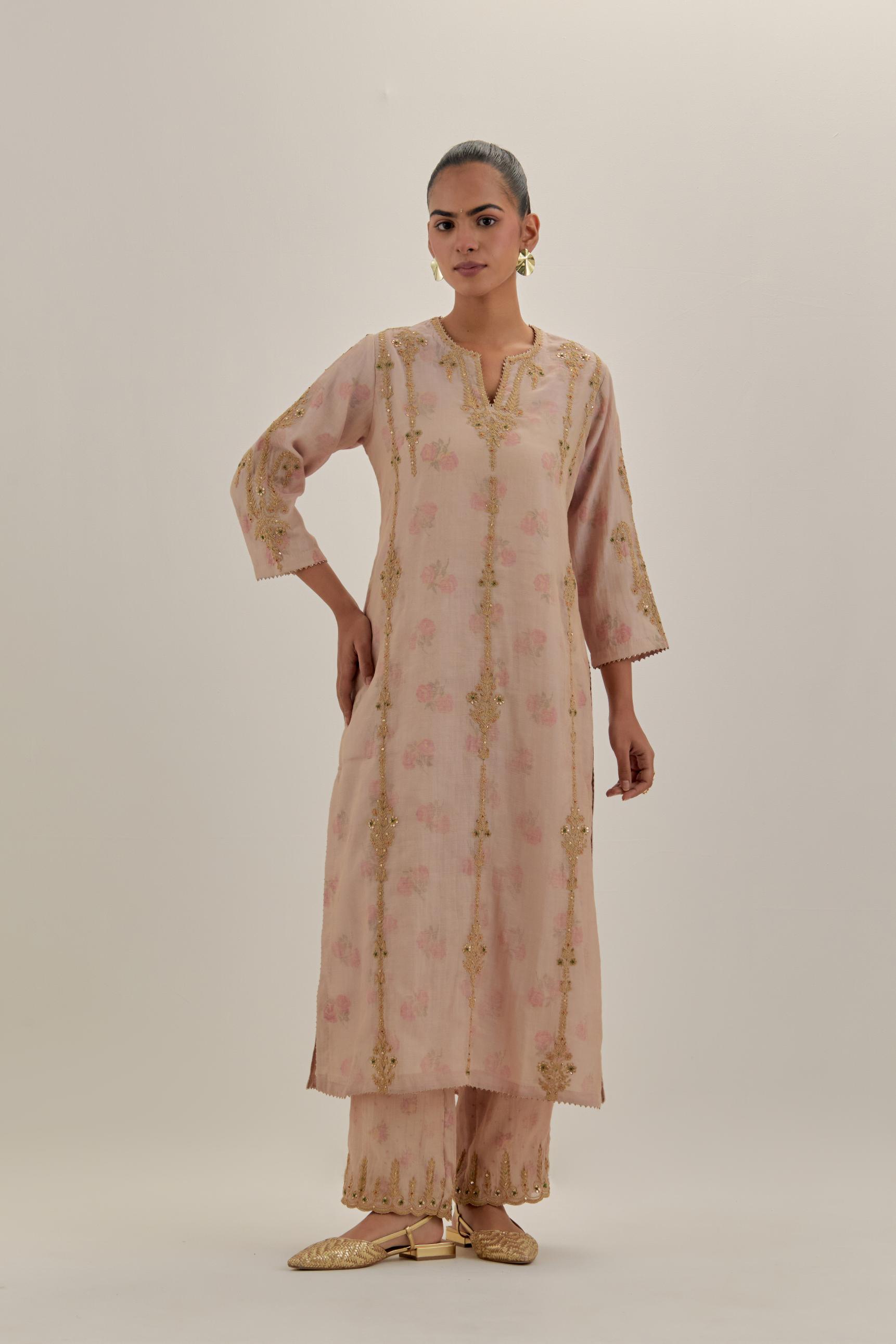 Pink tissue chanderi straight kurta set with light gold dori embroidery, highlighted with multi color bead sequins work.