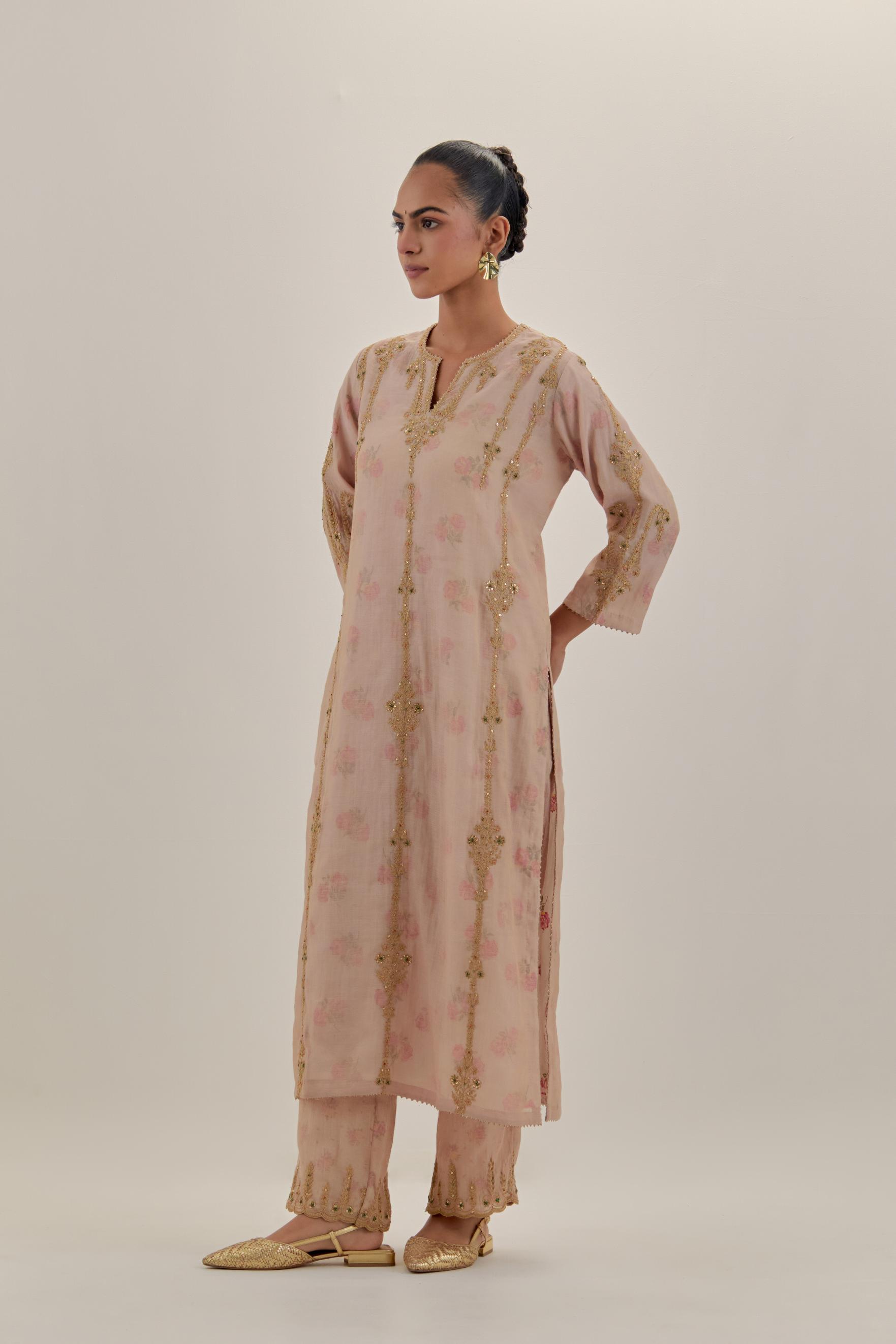 Pink tissue chanderi straight kurta set with light gold dori embroidery, highlighted with multi color bead sequins work.