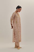 Pink tissue chanderi straight kurta set with light gold dori embroidery, highlighted with multi color bead sequins work.