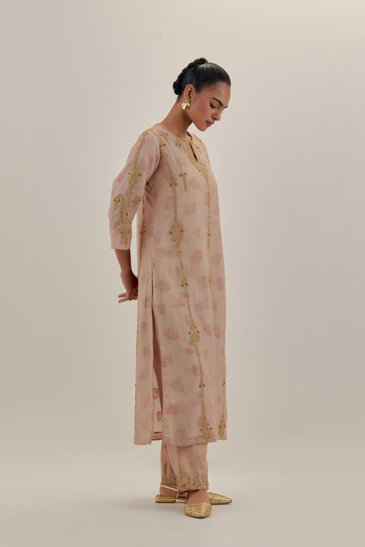 Pink tissue chanderi straight kurta set with light gold dori embroidery, highlighted with multi color bead sequins work.