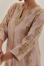 Pink tissue chanderi straight kurta set with light gold dori embroidery, highlighted with multi color bead sequins work.