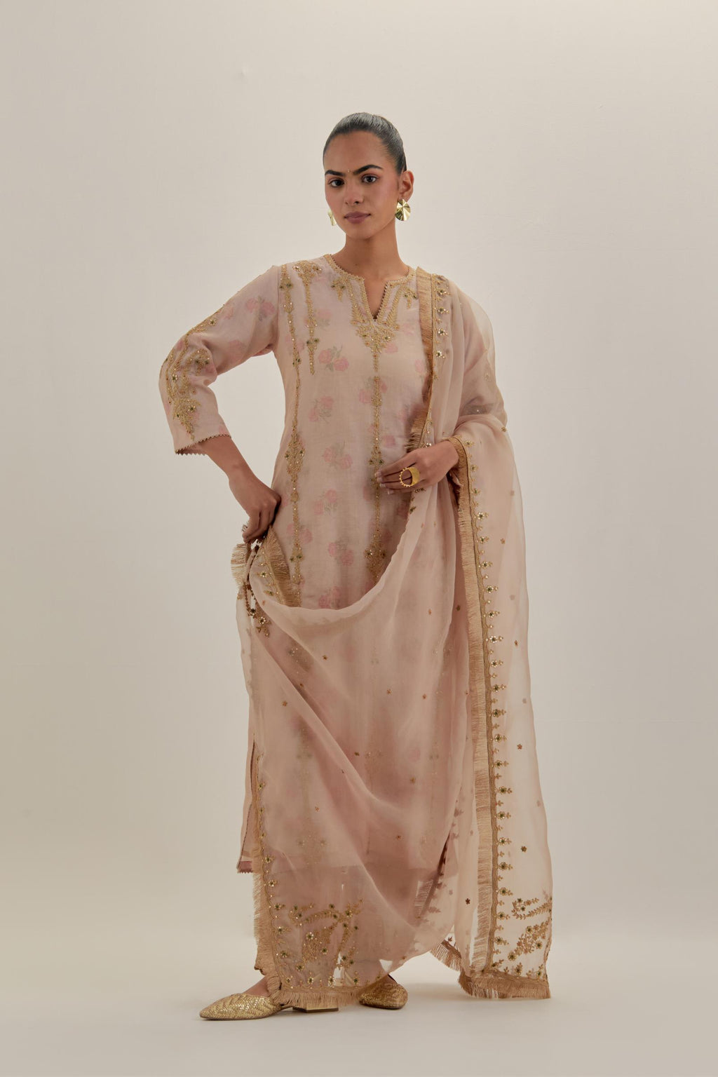 Pink tissue chanderi straight kurta set with light gold dori embroidery, highlighted with multi color bead sequins work.