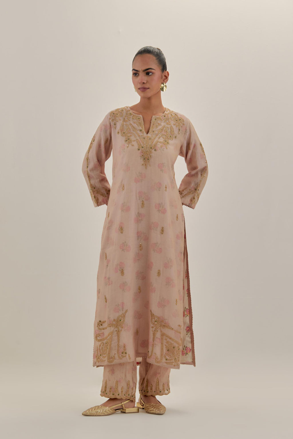 Pink tissue chanderi straight kurta set, highlighted with light gold dori embroidery and hand block printed lining inside.