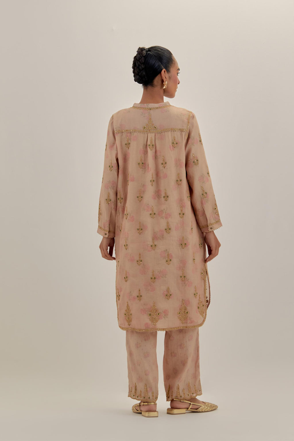 Pink tissue chanderi straight short kurta set with all-over light gold dori embroidery.