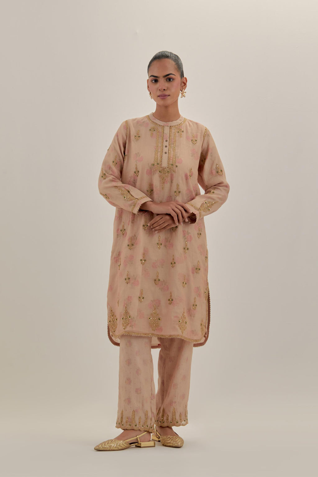 Pink tissue chanderi straight short kurta set with all-over light gold dori embroidery.