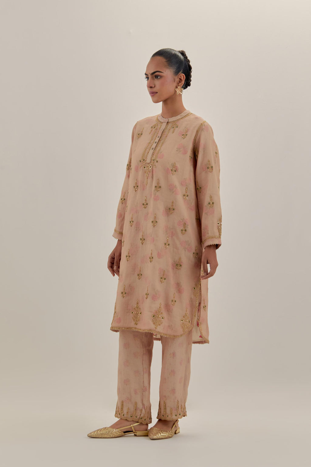 Pink tissue chanderi straight short kurta set with all-over light gold dori embroidery.