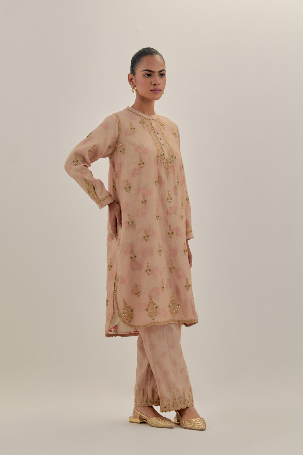 Pink tissue chanderi straight short kurta set with all-over light gold dori embroidery.