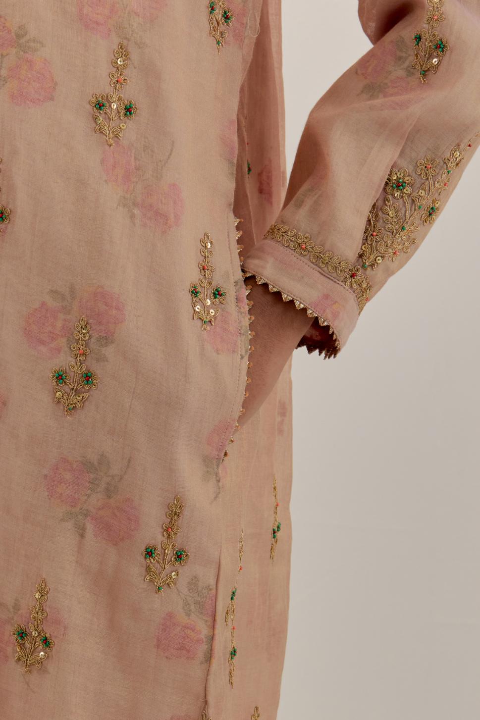 Pink tissue chanderi straight short kurta set with all-over light gold dori embroidery.