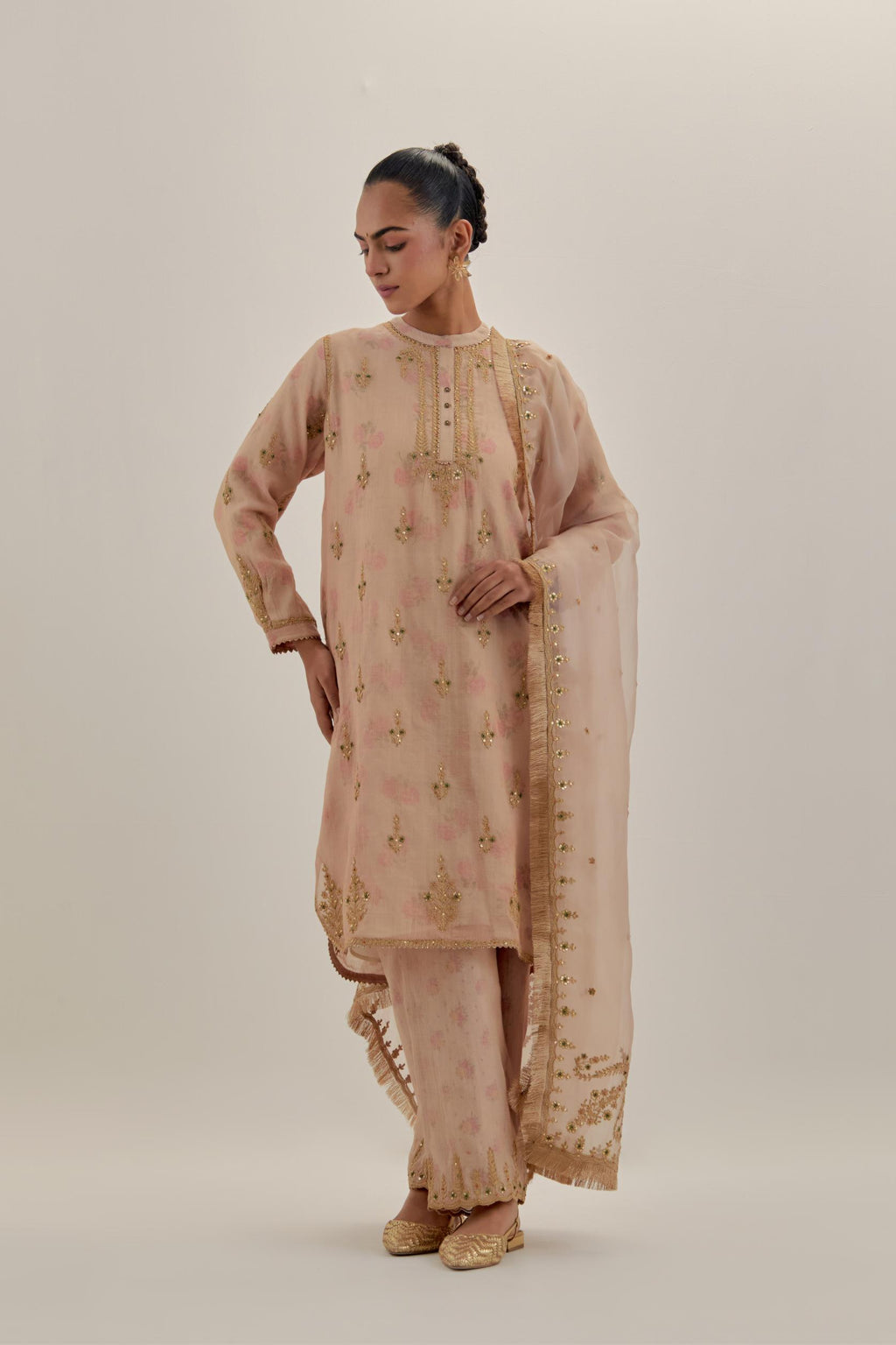 Pink tissue chanderi straight short kurta set with all-over light gold dori embroidery.