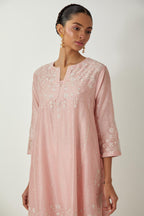 Pink silk Chanderi short kalidar kurta set with all-over off white silk thread embroidery, highlighted with beads and sequins work.