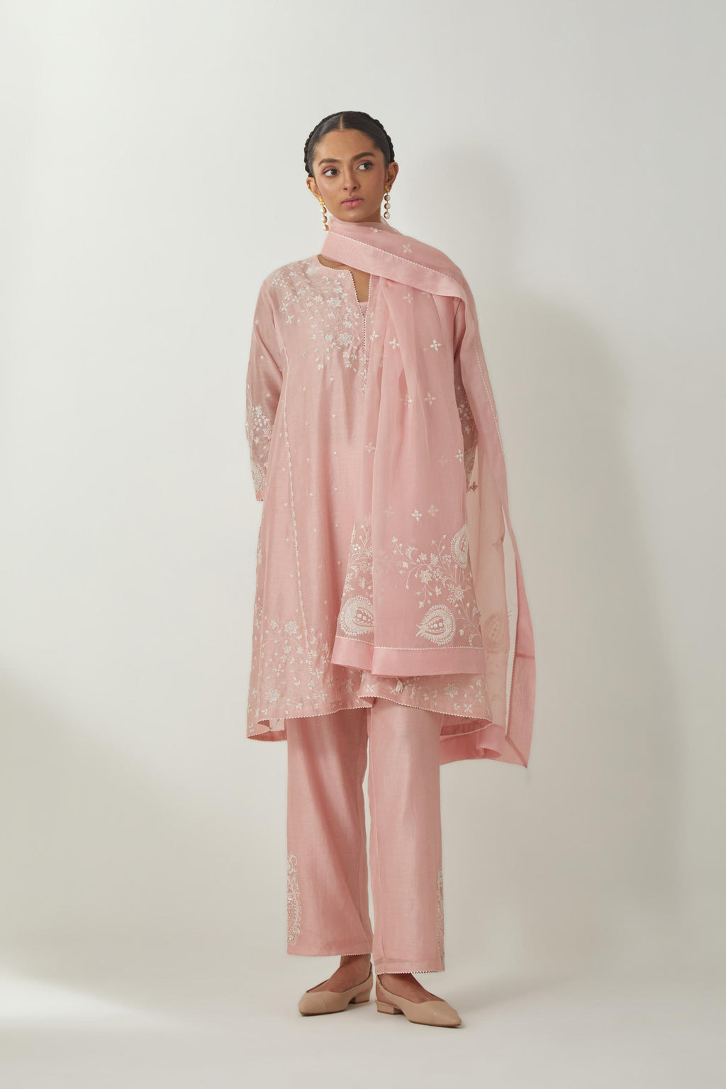 Pink silk Chanderi short kalidar kurta set with all-over off white silk thread embroidery, highlighted with beads and sequins work.