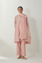 Pink silk Chanderi short kalidar kurta set with all-over off white silk thread embroidery, highlighted with beads and sequins work.