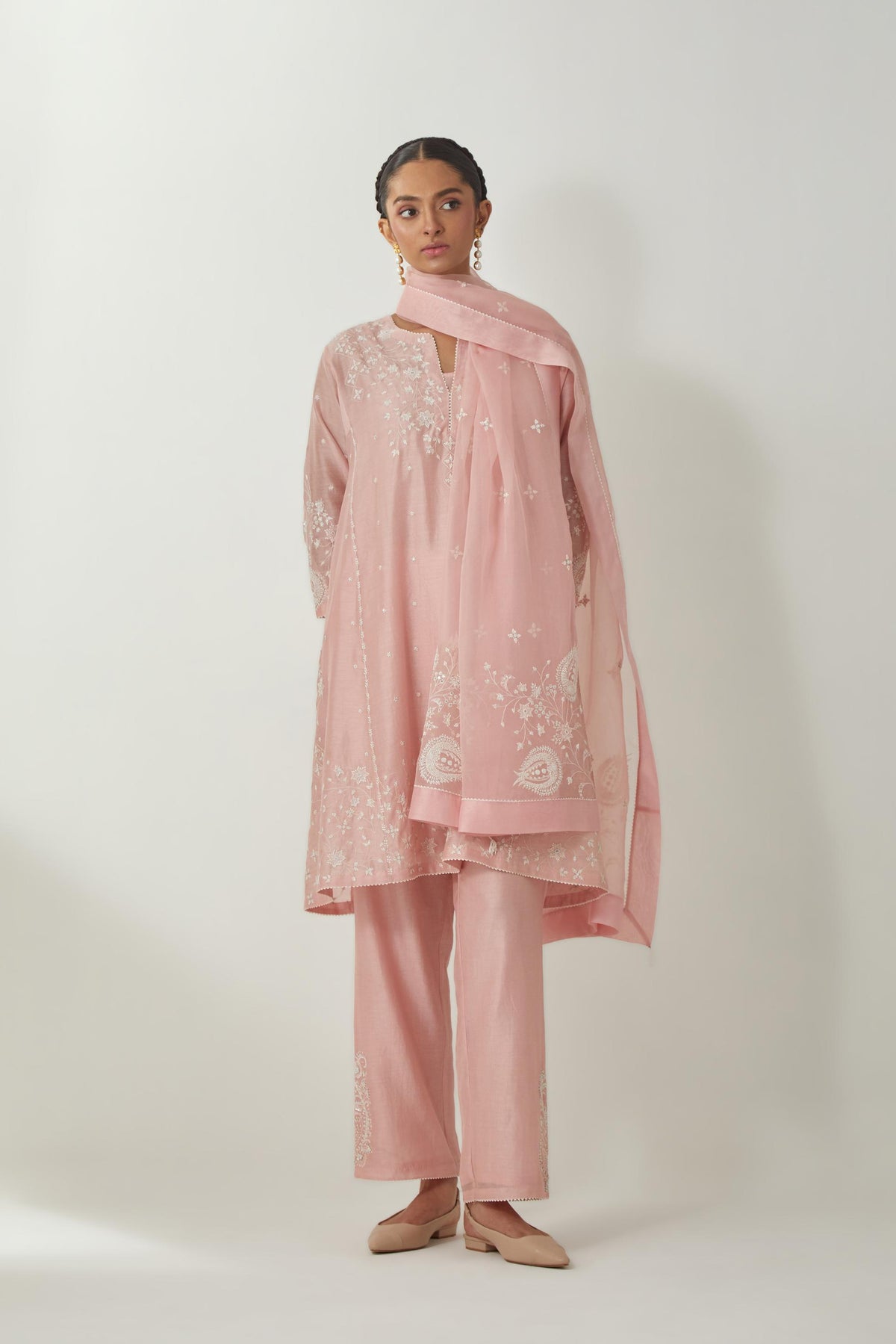Pink silk Chanderi short kalidar kurta set with all-over off white silk thread embroidery, highlighted with beads and sequins work.