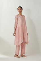 Pink silk Chanderi short easy fit kurta set with straight hem and all-over off white silk thread embroidery, highlighted with beads and sequins work.