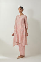 Pink silk Chanderi short easy fit kurta set with straight hem and all-over off white silk thread embroidery, highlighted with beads and sequins work.