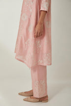 Pink silk Chanderi short easy fit kurta set with straight hem and all-over off white silk thread embroidery, highlighted with beads and sequins work.