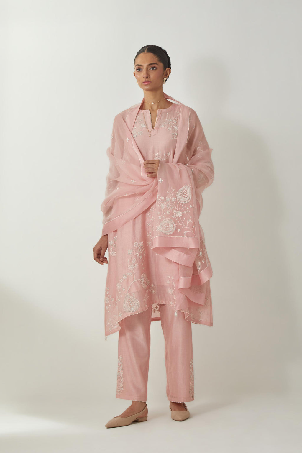 Pink silk Chanderi short easy fit kurta set with straight hem and all-over off white silk thread embroidery, highlighted with beads and sequins work.