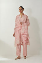Pink silk Chanderi short easy fit kurta set with straight hem and all-over off white silk thread embroidery, highlighted with beads and sequins work.