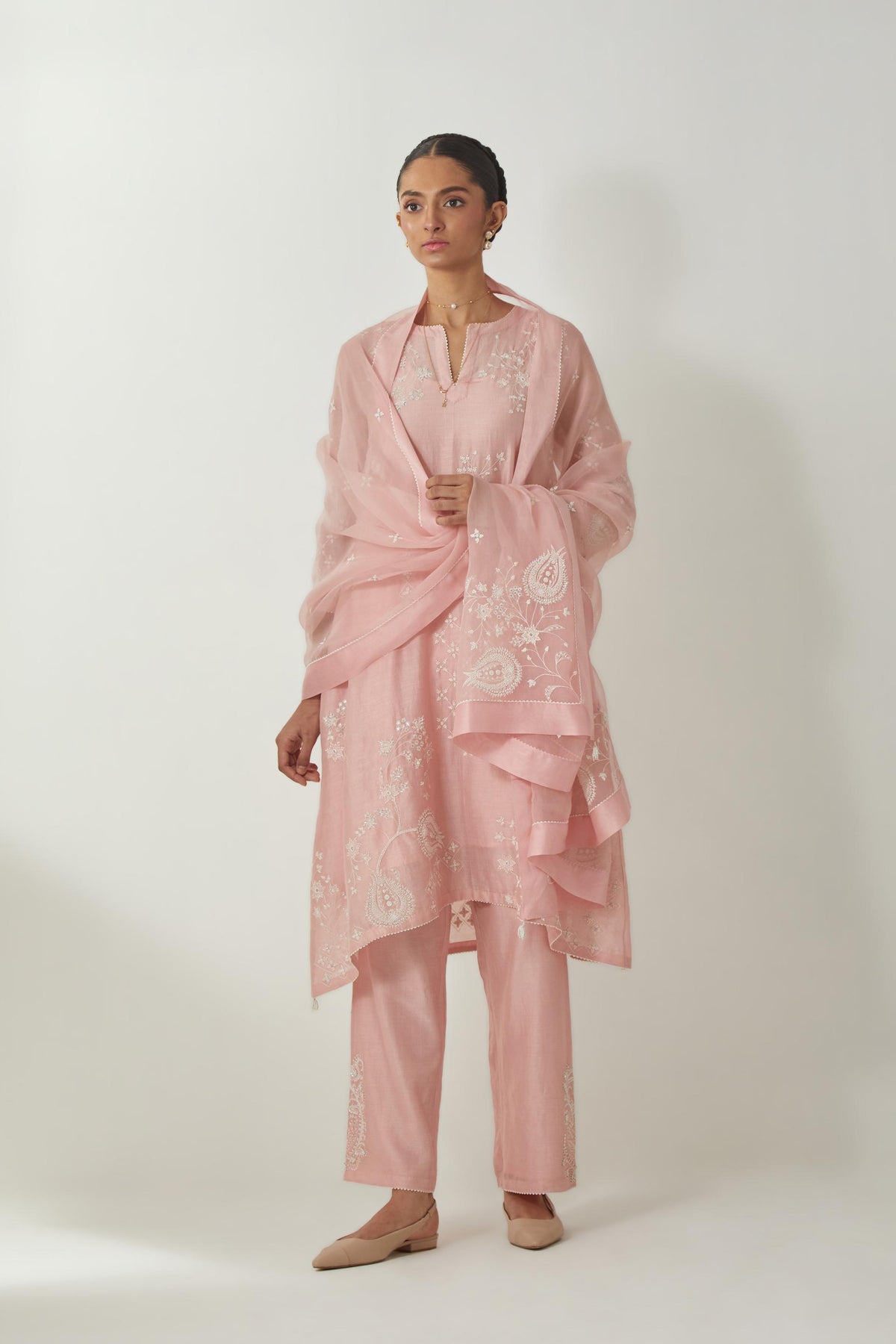 Pink silk Chanderi short easy fit kurta set with straight hem and all-over off white silk thread embroidery, highlighted with beads and sequins work.