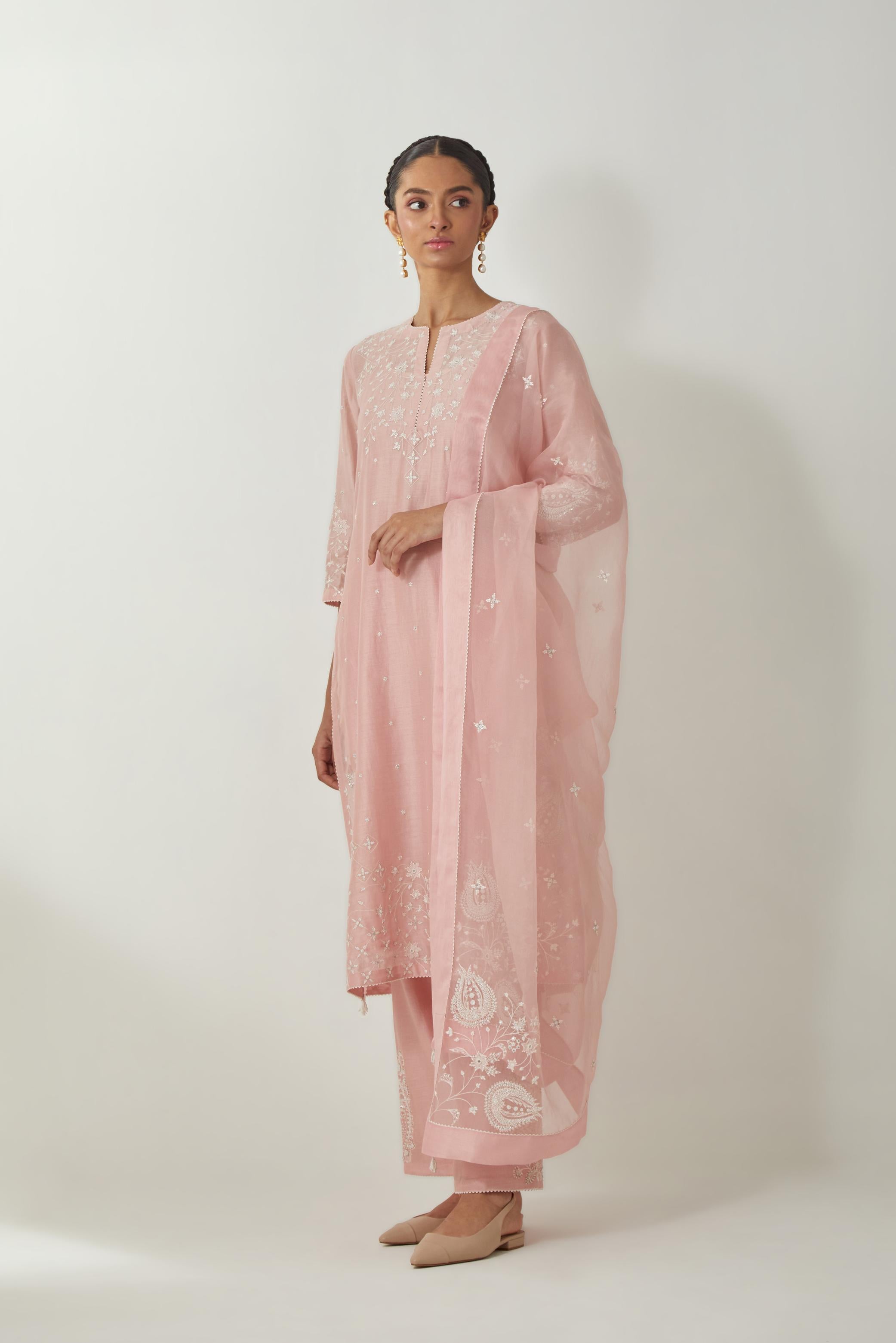 Pink silk organza dupatta with all-over silk thread small floral booti & big boota at side corner, highlighted with bead and sequins work.