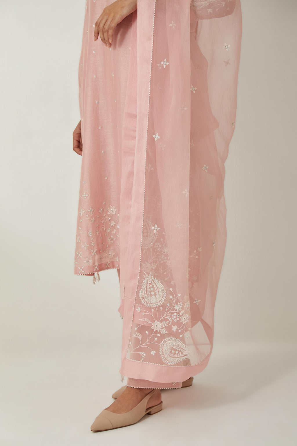 Pink silk organza dupatta with all-over silk thread small floral booti & big boota at side corner, highlighted with bead and sequins work.