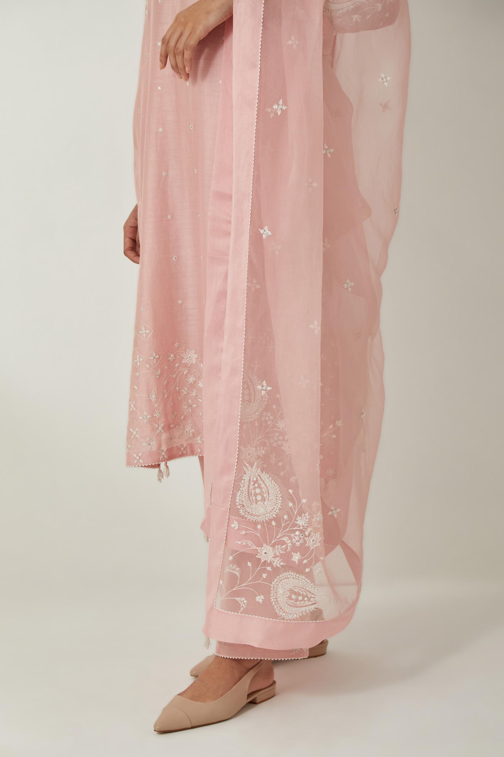 Pink silk organza dupatta with all-over silk thread small floral booti & big boota at side corner, highlighted with bead and sequins work.